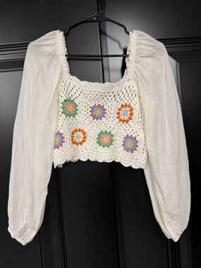 Aerie White Crochet Peasant Top with Multicolor Floral Motif